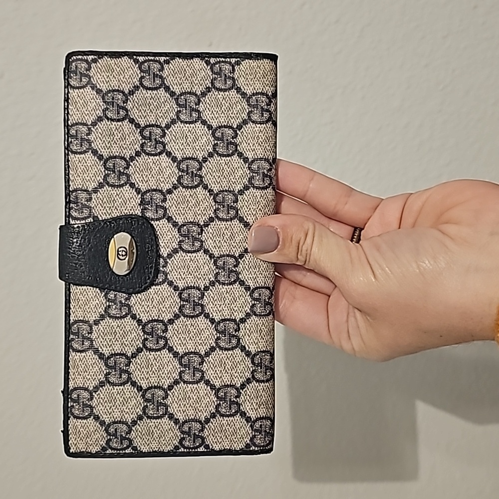 Gucci Beige Monogram Canvas Continental Wallet with Black Trim and Gold Hardware